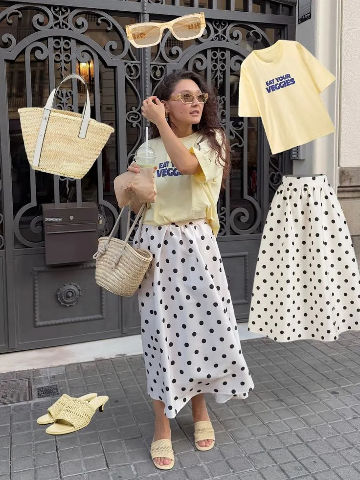 White polka dot midi skirt yellow tee woven mules street style spring 2026